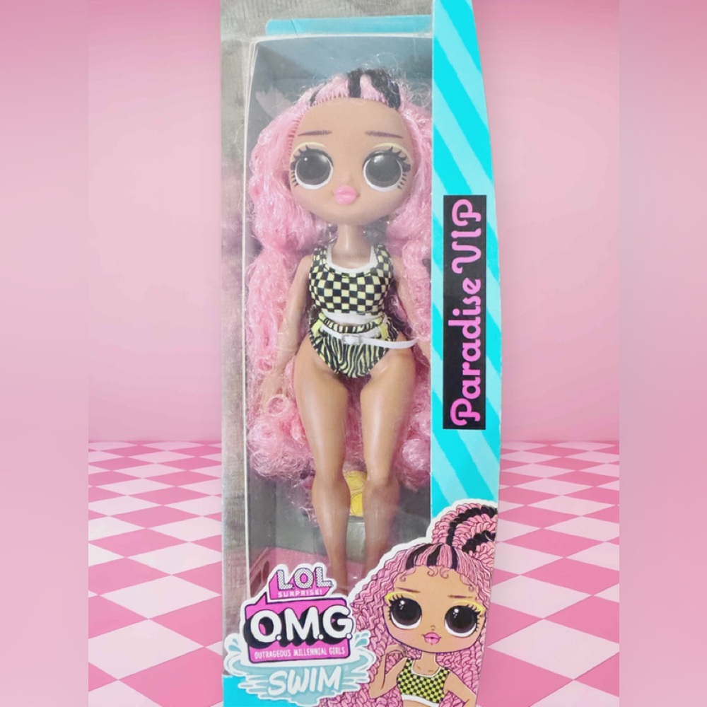 OMG Outrageous Millennial Girls LOL Swim Paradise VIP Curly Pink Hair Doll NIB